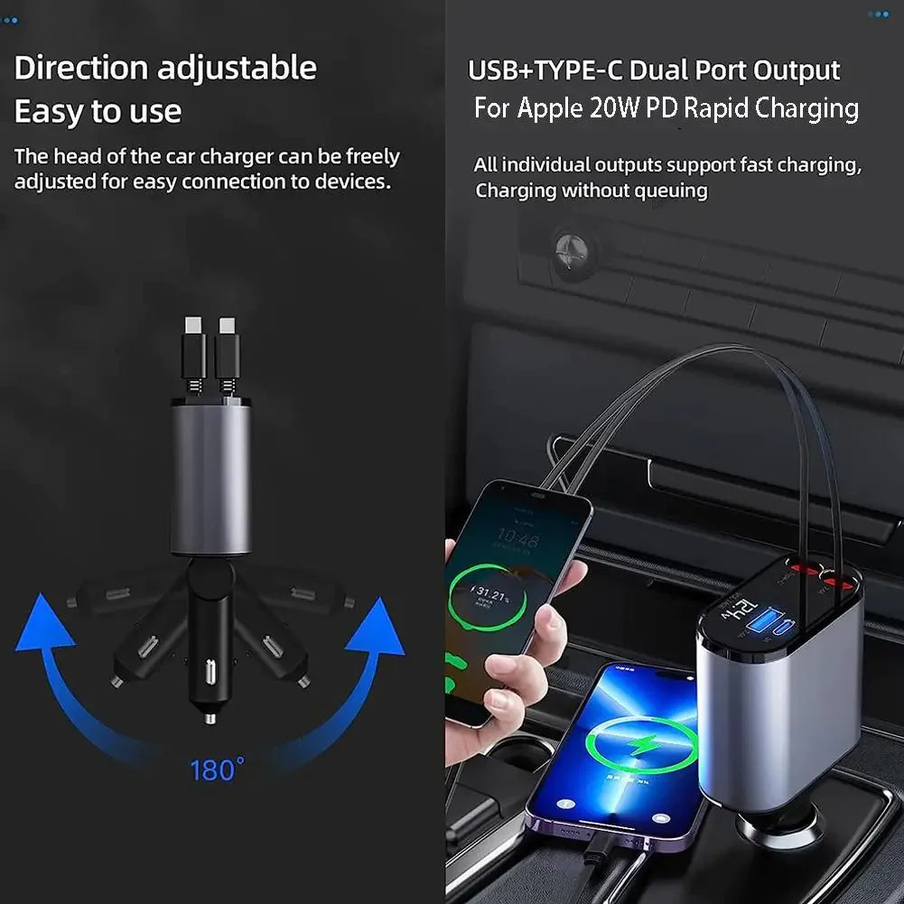 Retractable Car Charger 4-in-1 Fast Charging (100W High-Power, USB + Type-C Dual Port, Automatic Cable Storage)