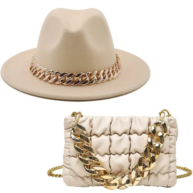 Fedora Hat and Handbag with Gold Chain – A Luxurious Fashion Statement
