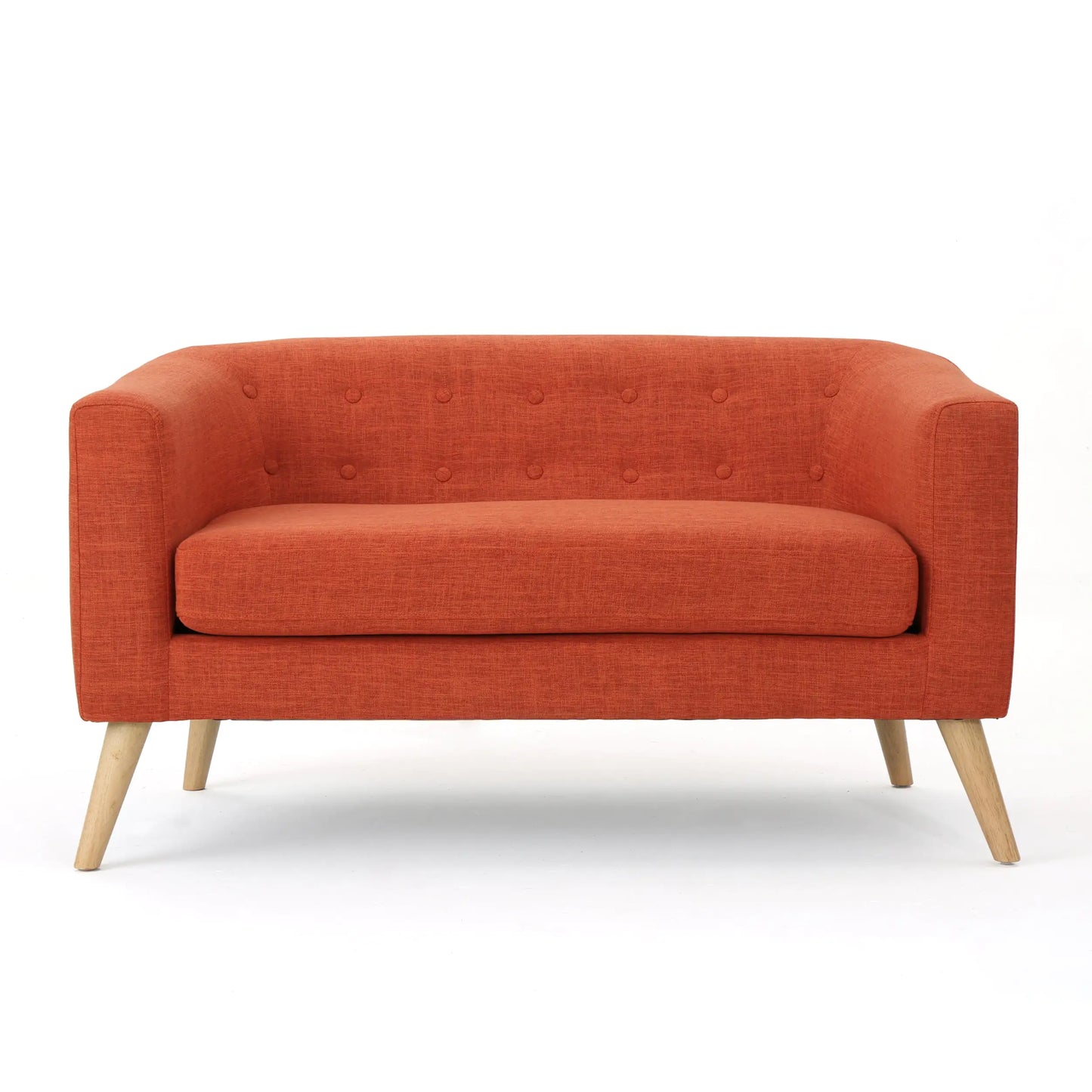 Double Sofa – Mid-Century Modern Orange Loveseat with Button Tufting & Light Birch Legs