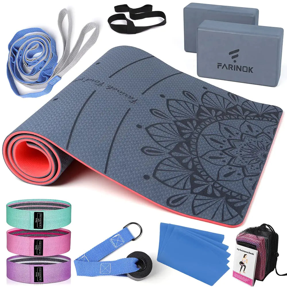 1/3 Yoga Mat Thick Yoga Kit – 9mm Non-Slip Mat with Blocks, Bands, Strap & Door Anchor (6-in-1 Beginner Set, Extra Cushion & Stability)
