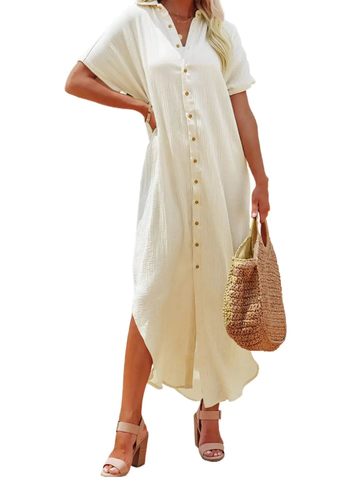 Womens Casual Short Sleeve Side Split Button Down Long Kimonos Cardigans Swimsuit Cover Ups Summer Beach Dress XX-Large 1 White