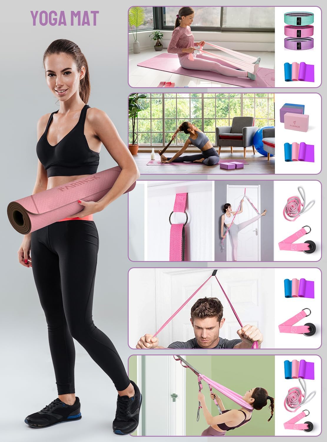 1/3 Yoga Mat Thick Yoga Kit – 9mm Non-Slip Mat with Blocks, Bands, Strap & Door Anchor (6-in-1 Beginner Set, Extra Cushion & Stability)