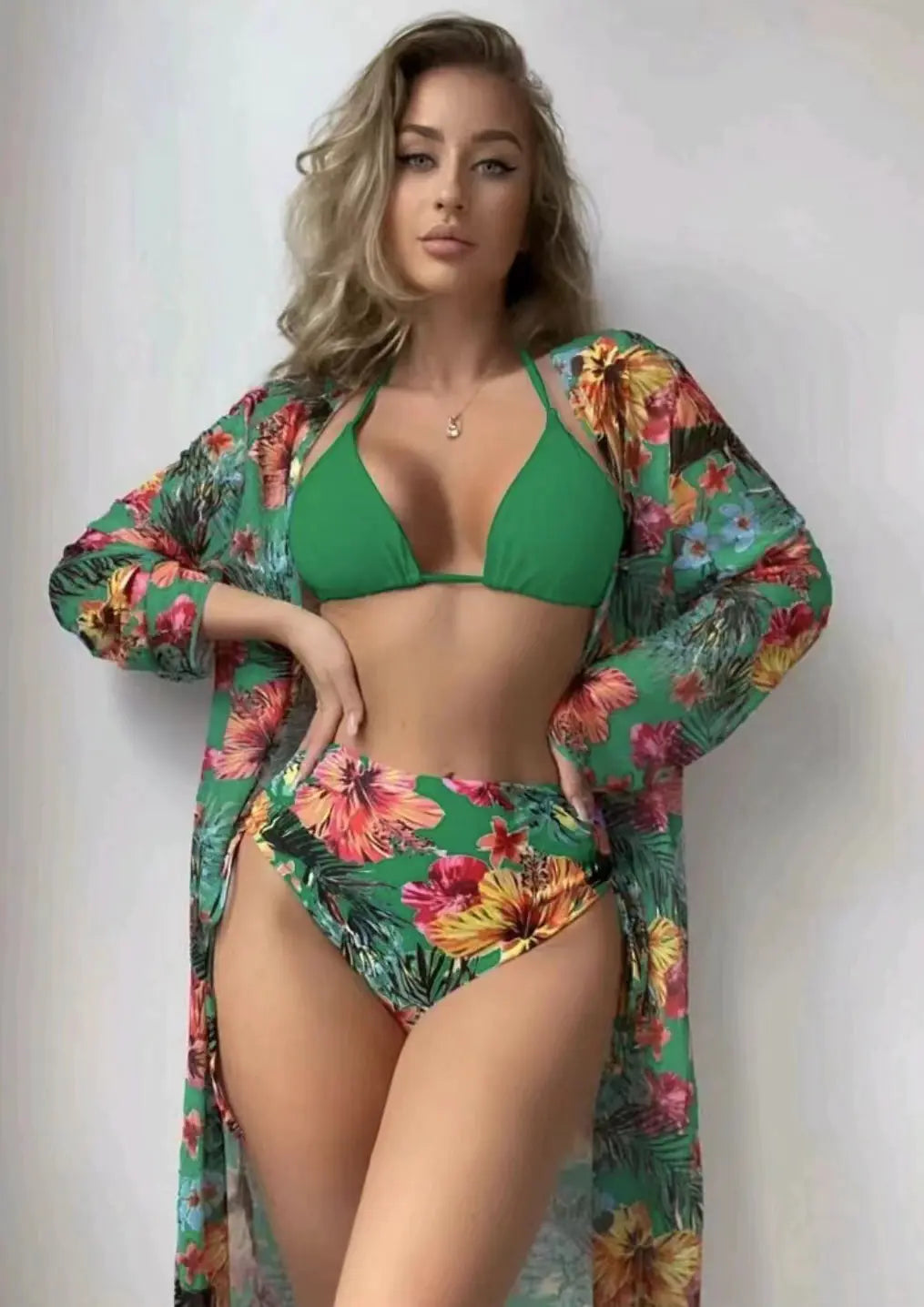 Split Mesh Cover-Up Bikini Set – Three-Piece Swimsuit with Elegant Overlay (Sizes S–XL)