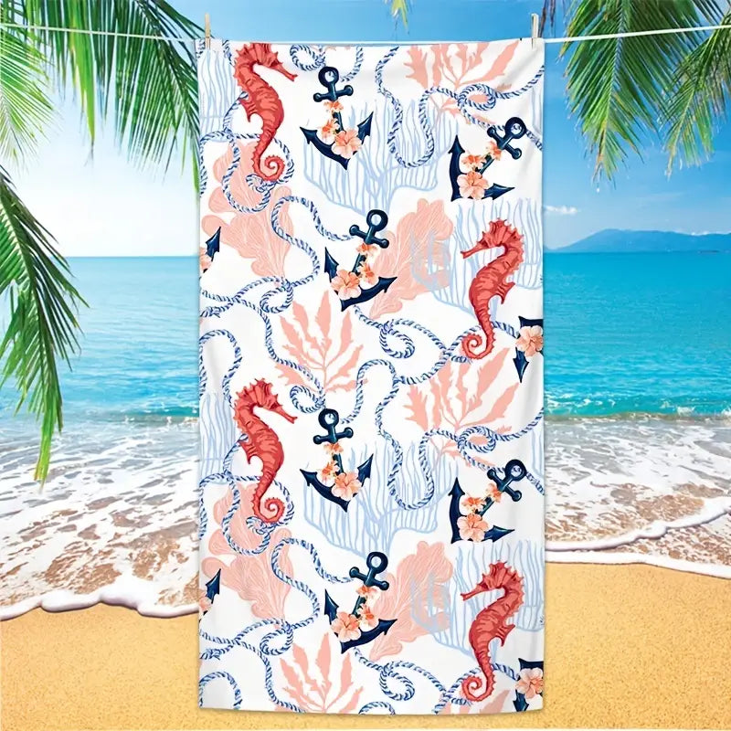 Seahorse Anchor Print Beach Towel – Oversized, Sand-Free, and Stylish for Summer Adventures
