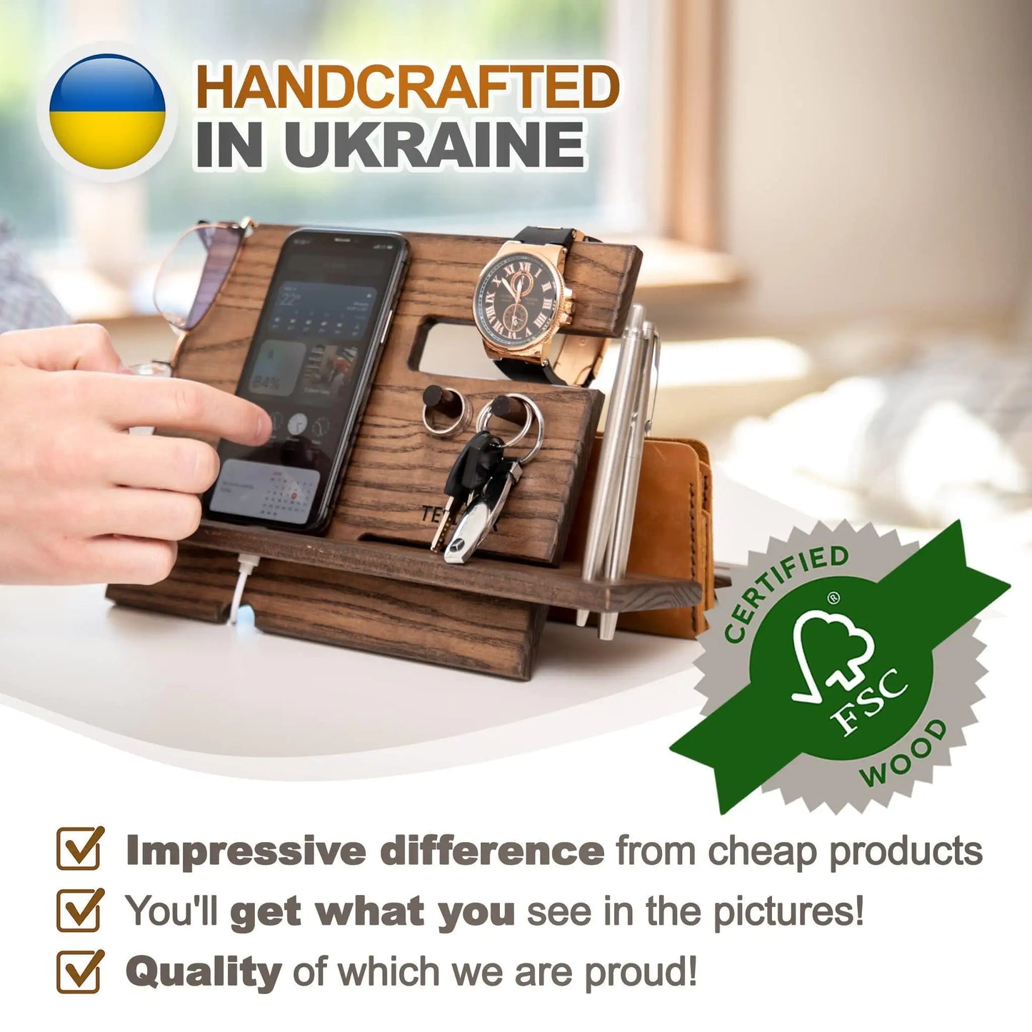 Wood Phone Docking Station – Ash Key Hooks, Wallet Stand, and Watch Organizer for Men