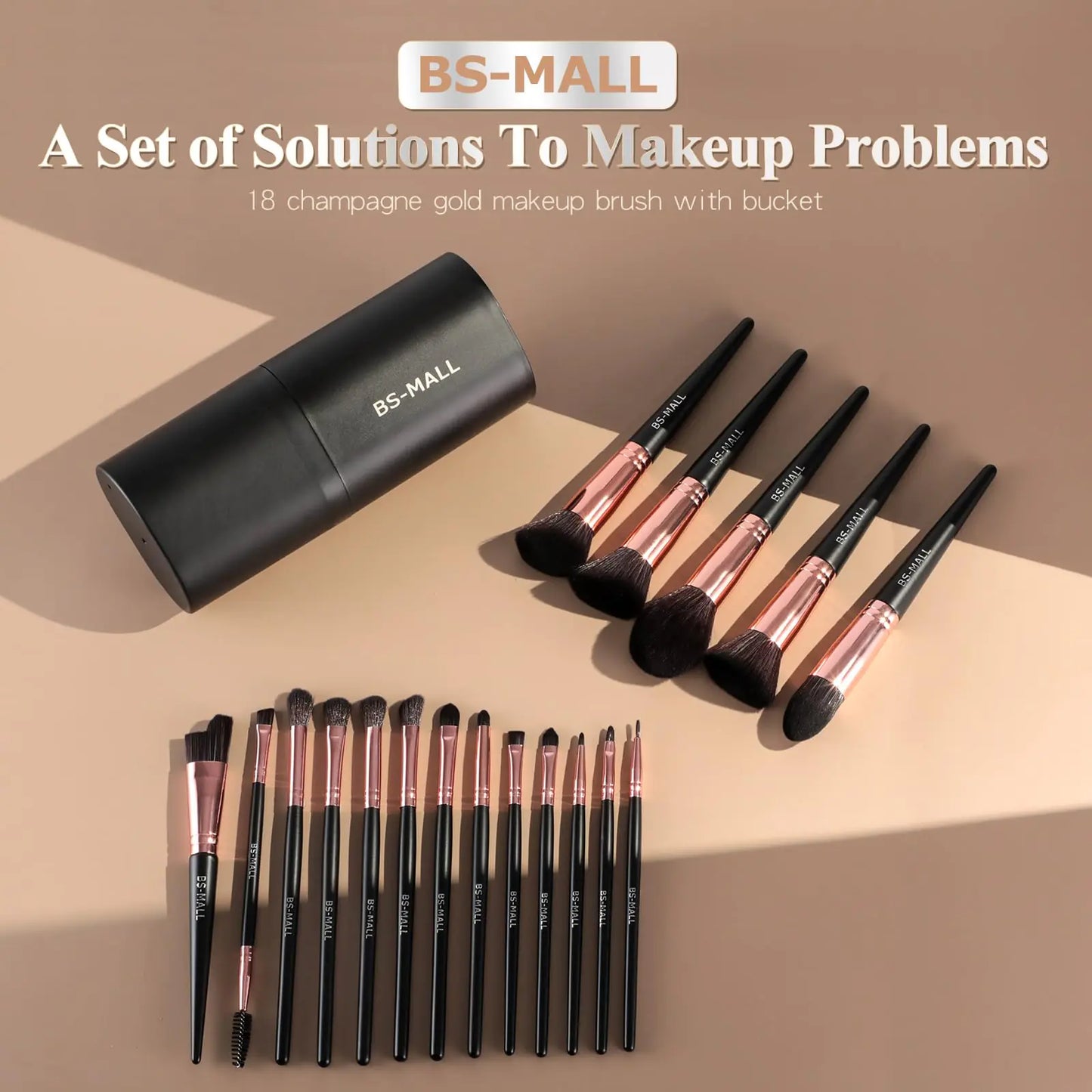 18-Piece Makeup Brush Set with Storage Bucket (Black & Rose Gold, Professional Synthetic Bristles)
