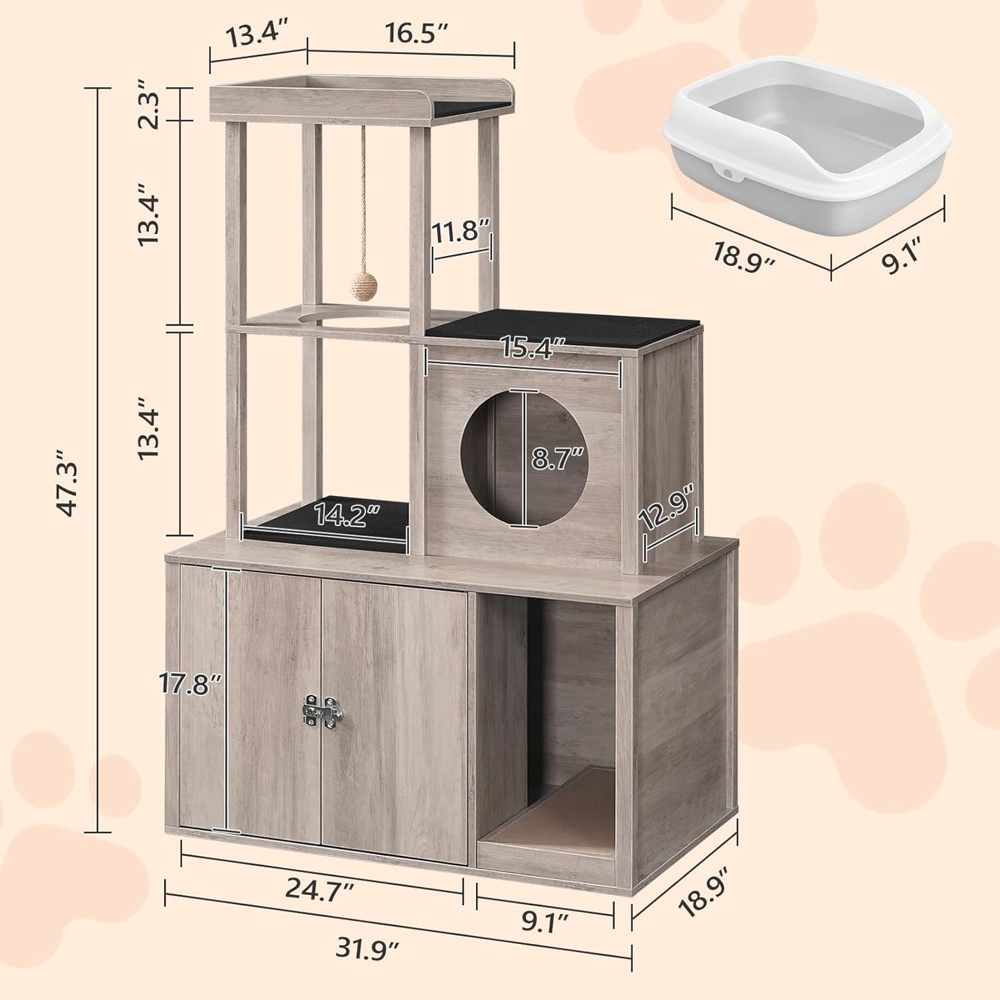 2-in-1 Hidden Cat Litter Box Enclosure and Multi-Level Cat Condo – Stylish Litter Furniture with Cat Cave, Tower, and Bed Area
