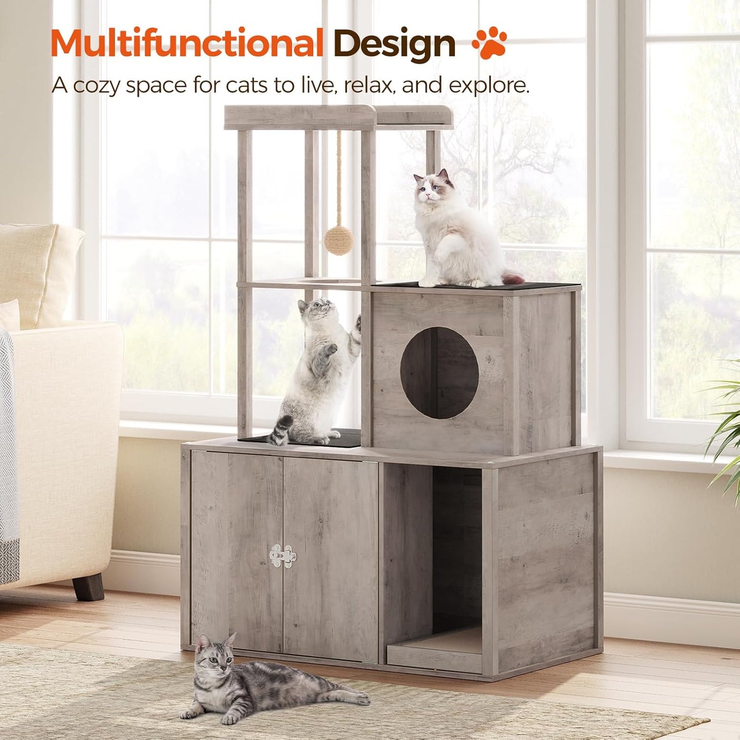 2-in-1 Hidden Cat Litter Box Enclosure and Multi-Level Cat Condo – Stylish Litter Furniture with Cat Cave, Tower, and Bed Area