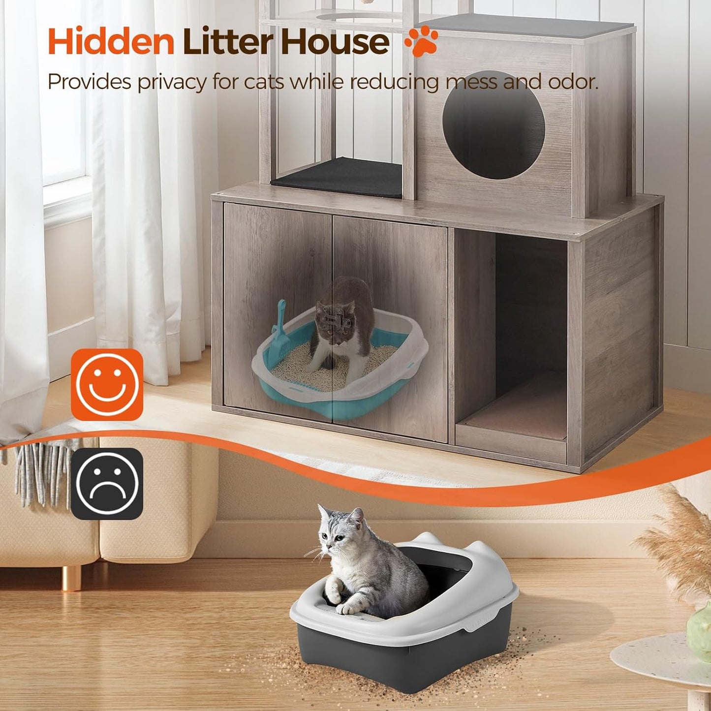 2-in-1 Hidden Cat Litter Box Enclosure and Multi-Level Cat Condo – Stylish Litter Furniture with Cat Cave, Tower, and Bed Area