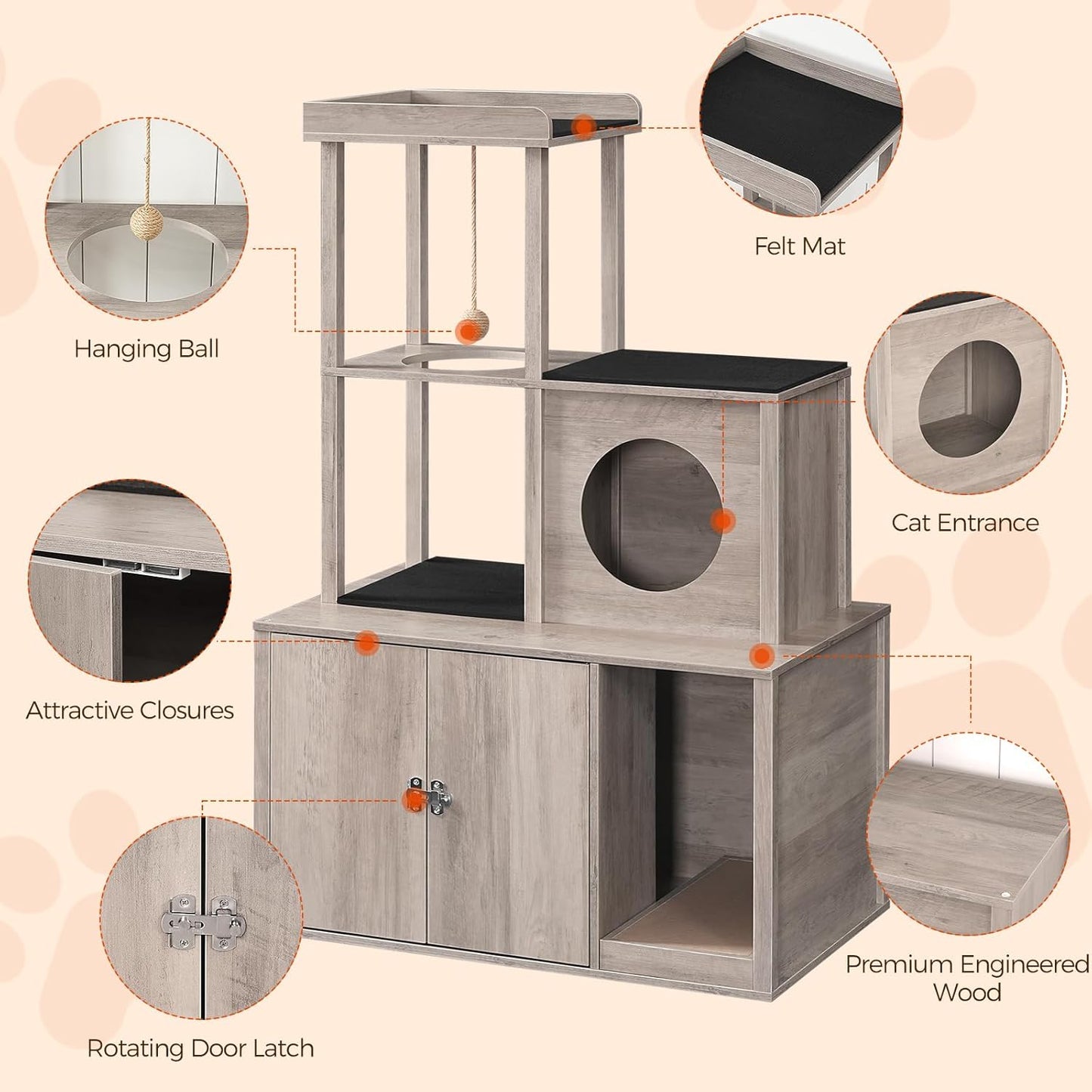 2-in-1 Hidden Cat Litter Box Enclosure and Multi-Level Cat Condo – Stylish Litter Furniture with Cat Cave, Tower, and Bed Area