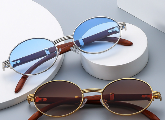Men’s Round Frame Sunglasses – Metal + Wood Fusion with UV400 Protection (Model 6101, 28g)