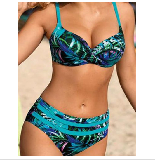 High-Waisted Bikini – Curve-Flattering Design in Gold, Army Green & Blue (Sizes S to 5XL)