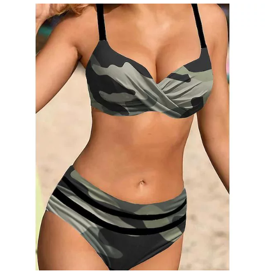High-Waisted Bikini – Curve-Flattering Design in Gold, Army Green & Blue (Sizes S to 5XL)