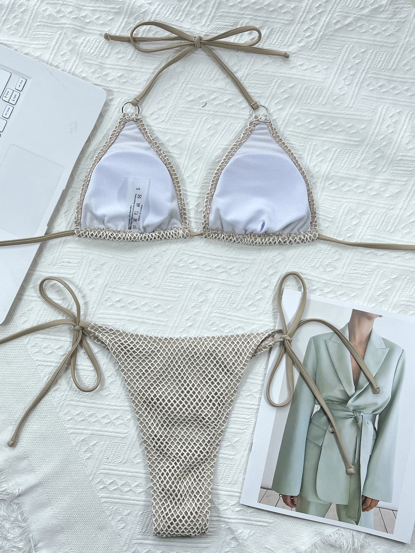 Mesh Fabric Split Swimsuit Bikini – Sexy Chinlon Two-Piece with Trendy Mesh Details in Black & Khaki