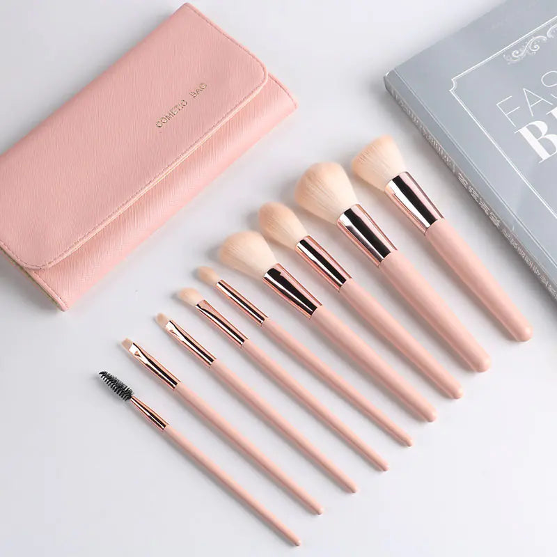 9-Piece Pink Makeup Brush Set – Premium Artificial Fiber with Wooden Handles