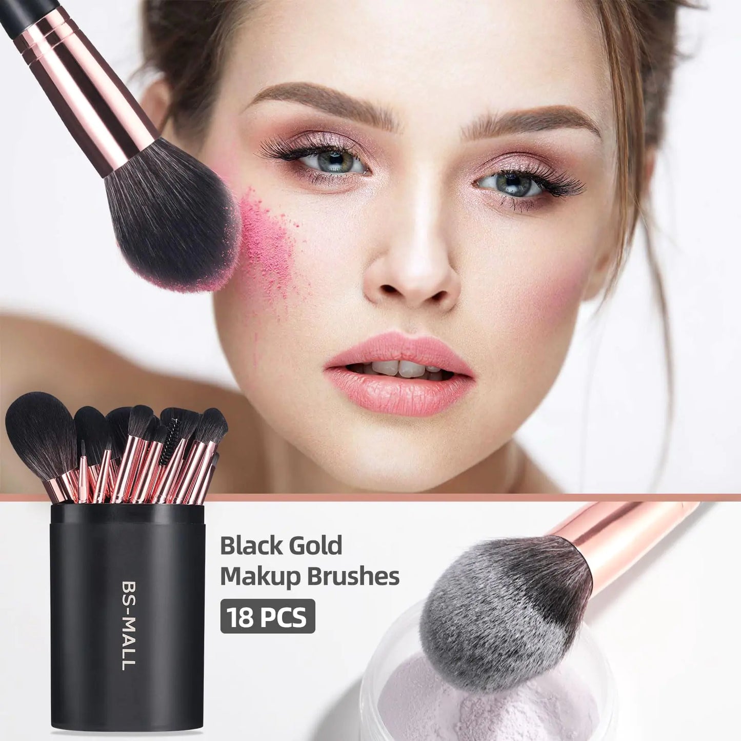 18-Piece Makeup Brush Set with Storage Bucket (Black & Rose Gold, Professional Synthetic Bristles)