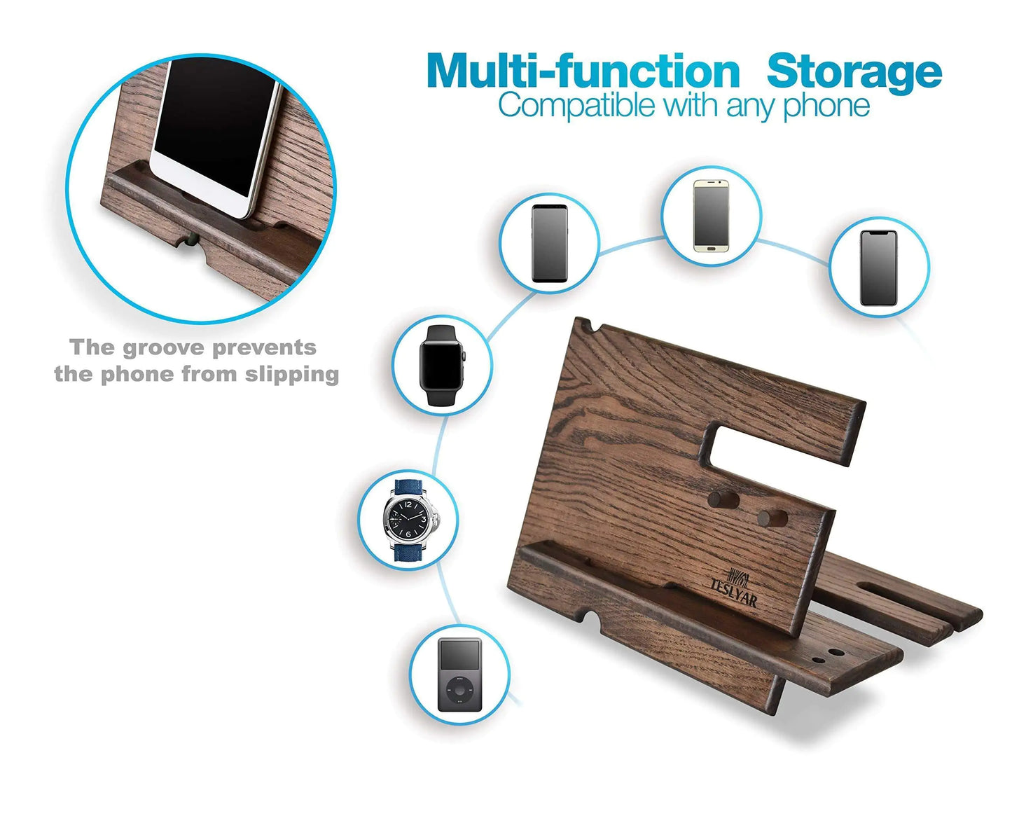 Wood Phone Docking Station – Ash Key Hooks, Wallet Stand, and Watch Organizer for Men