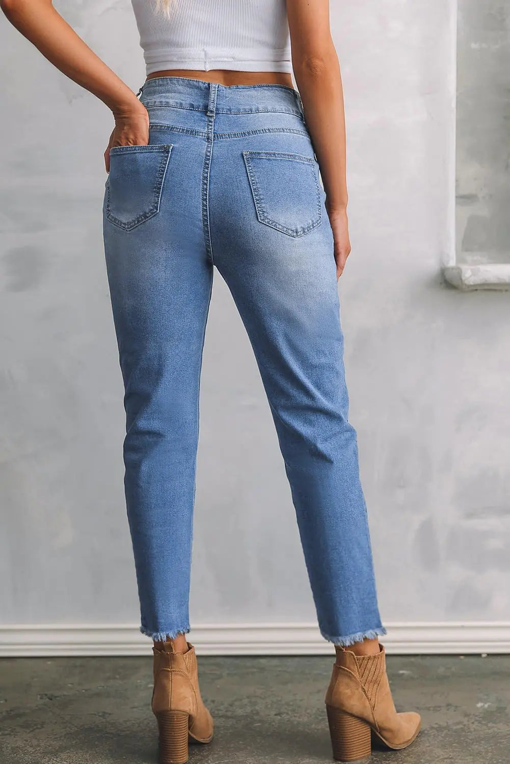 Sidefeel Women's High Waisted Jeans Strechy Raw Hem Straight Leg Denim Pants with Pockets 18 Mist Blue