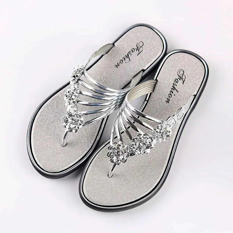 Women's Summer Sandals – Rhinestone-Embellished Cowhide Slippers with Flat Sole Comfort