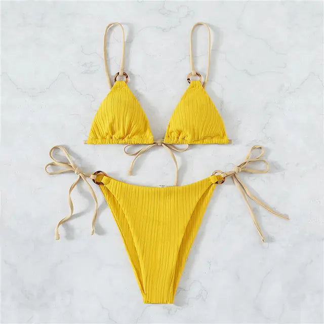 White Triangle Thong Bikini Set with Ring Detail – Flirty Minimalist Swimwear in Classic White