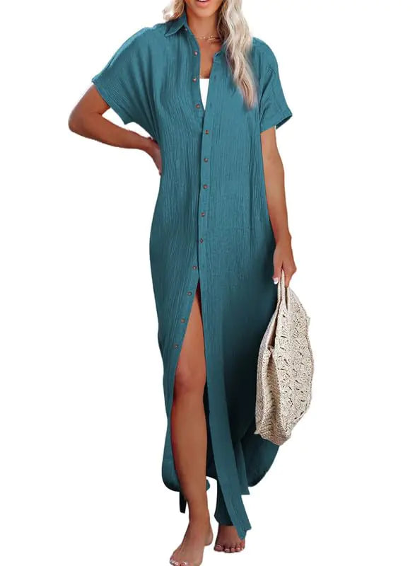 Womens Casual Short Sleeve Side Split Button Down Long Kimonos Cardigans Swimsuit Cover Ups Summer Beach Dress XX-Large 1 White