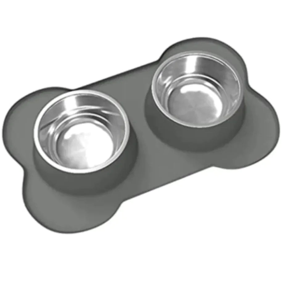 Bone-Shaped Silicone Pet Bowl Mat with Stainless Steel Bowls