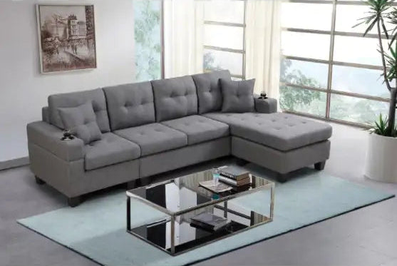 Fabric Sectional Sofa – Grey Upholstered L-Shaped Sofa with Cup Holders and Pillows