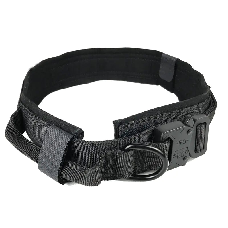 Tactical telescopic dog leash and collar set for training and outdoor walks. Adjustable length, durable build. Sizes M–XL for dogs 28–90 lbs.