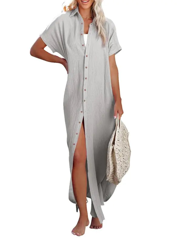 Womens Casual Short Sleeve Side Split Button Down Long Kimonos Cardigans Swimsuit Cover Ups Summer Beach Dress XX-Large 1 White
