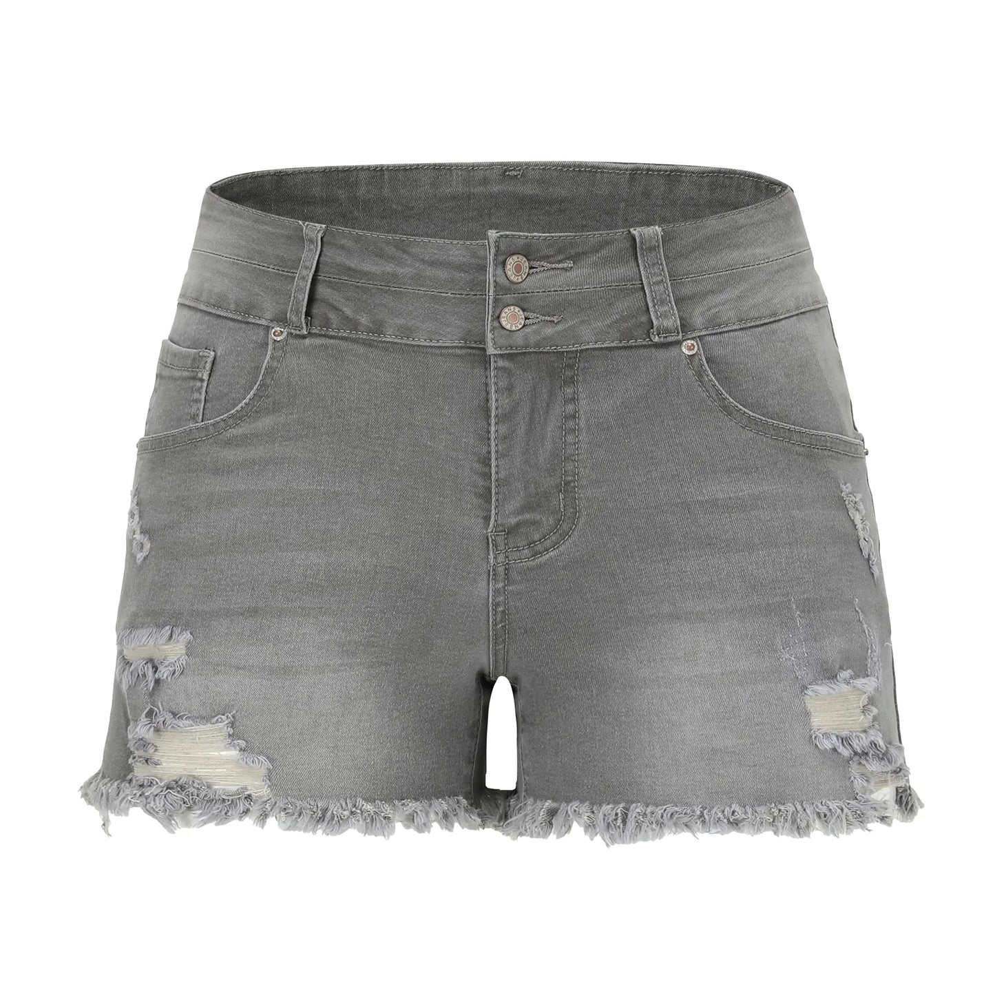 THUNDER STAR Women Mid Rise Ripped Stretchy Jeans Shorts Frayed Raw Hem Casual Denim Shorts 16 Grey-sb2