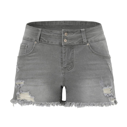 THUNDER STAR Women Mid Rise Ripped Stretchy Jeans Shorts Frayed Raw Hem Casual Denim Shorts 16 Grey-sb2