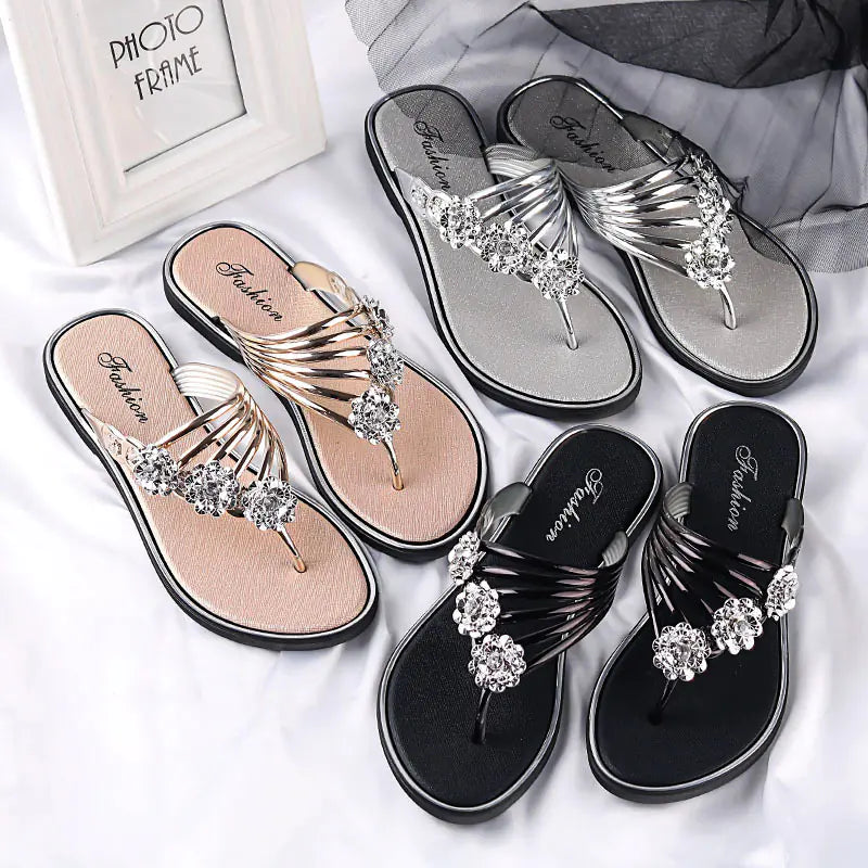 Women's Summer Sandals – Rhinestone-Embellished Cowhide Slippers with Flat Sole Comfort