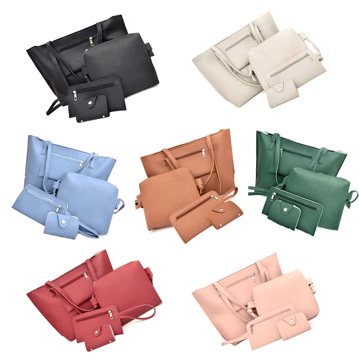 4-in-1 Handbag Set – Glamorous Vegan Leather Tote, Crossbody, Wristlet, and Cardholder
