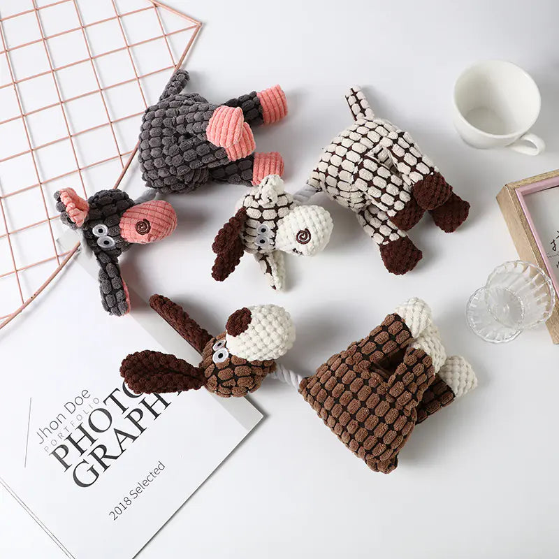 Interactive Plush Animal Dog Toys – Soft, Squeaky Training Companions in Gray, Beige, and Brown