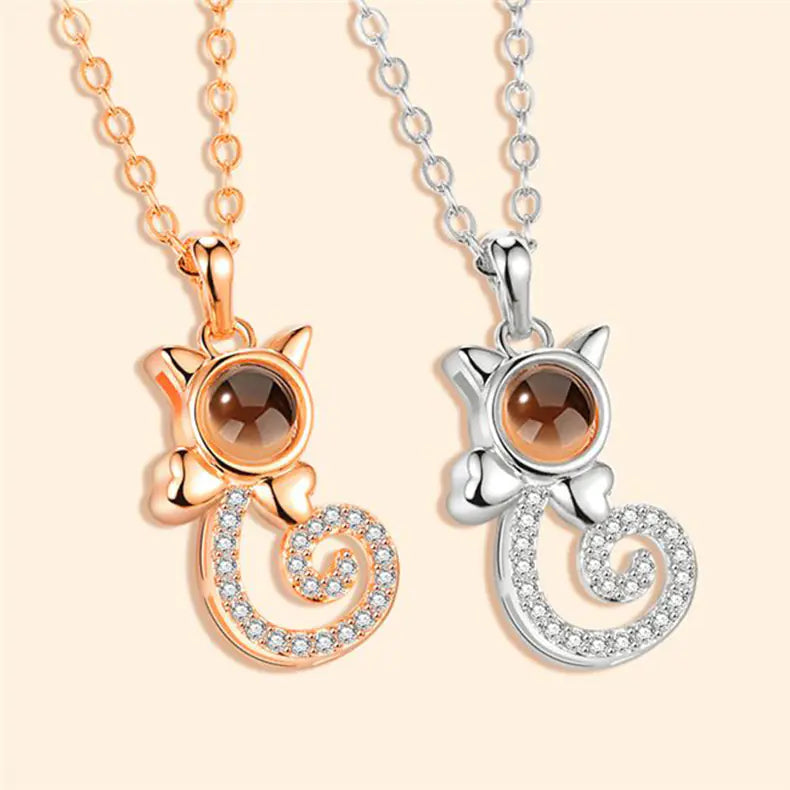 S925 Cat Projection Necklace – Elegant Silver Jewelry with Whimsical Feline Design