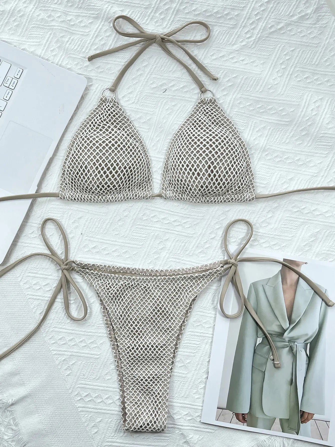 Mesh Fabric Split Swimsuit Bikini – Sexy Chinlon Two-Piece with Trendy Mesh Details in Black & Khaki