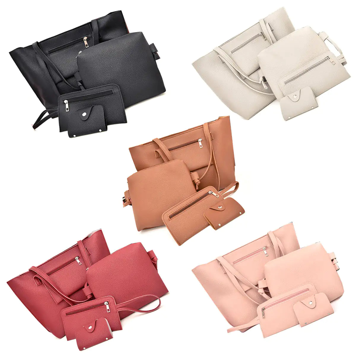 4-in-1 Handbag Set – Glamorous Vegan Leather Tote, Crossbody, Wristlet, and Cardholder