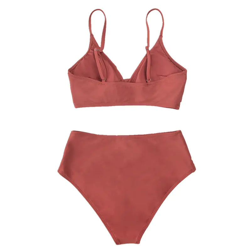 High-Waisted Solid Color Two-Piece Bikini – Elegant & Flattering Terylene Set (Sizes S–XL)