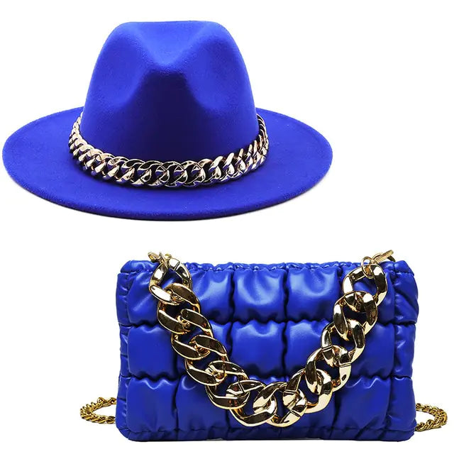 Fedora Hat and Handbag with Gold Chain – A Luxurious Fashion Statement