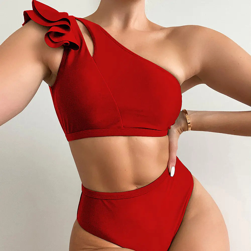 One-Shoulder Ruffled High Waist Bikini – Sexy, Sleek Swimwear in Vibrant Colors (Sizes S–L)
