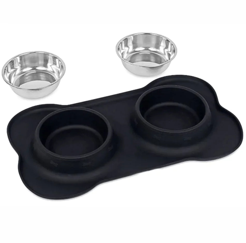 Bone-Shaped Silicone Pet Bowl Mat with Stainless Steel Bowls