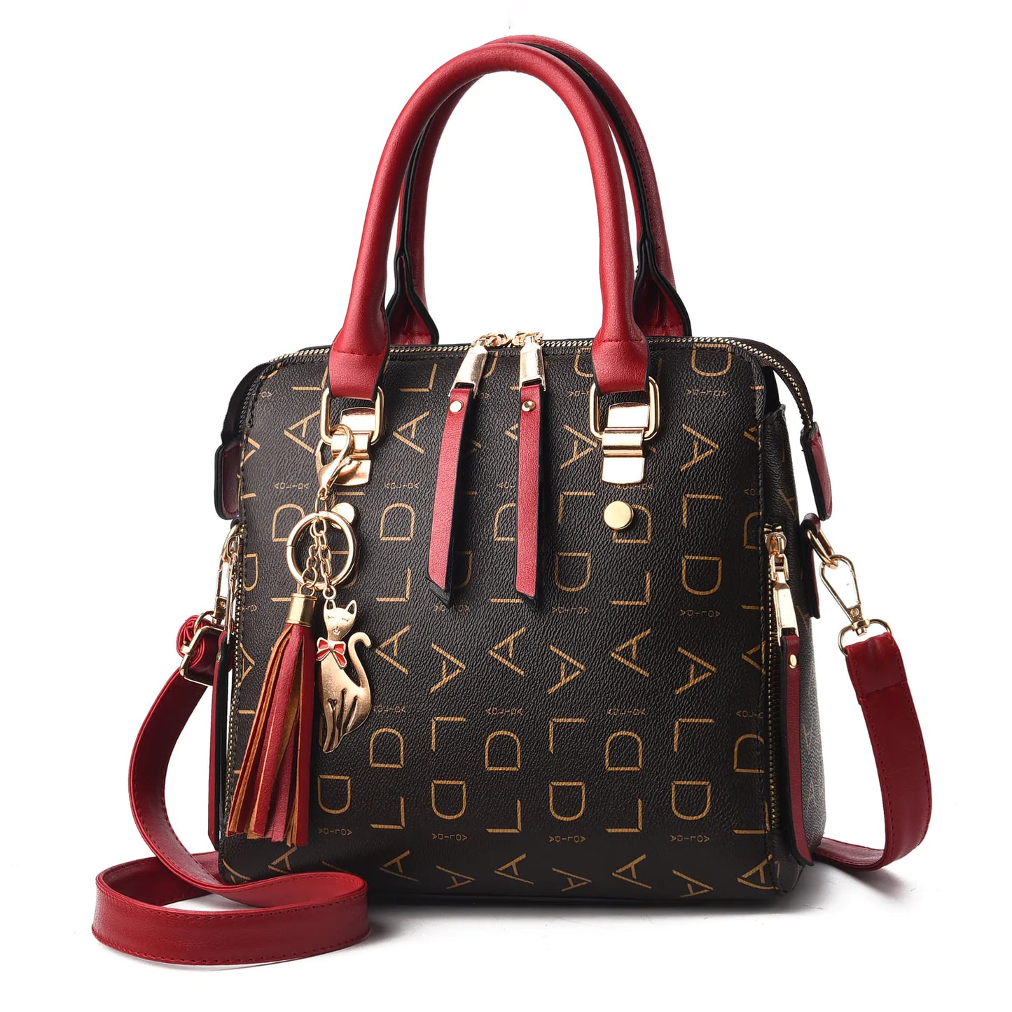 Vintage PU Leather Handbag – Stylish Letter Print Shoulder & Crossbody Bag with Cat Charm