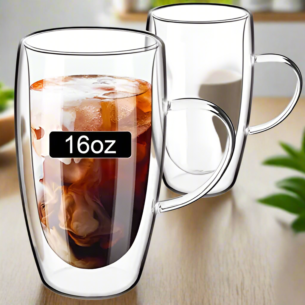 Double Wall Glass Coffee Mugs 16oz with Handle – 2x Clear Borosilicate Glass Cups – Insulated Cappuccino, Latte, Espresso, Tea & Hot Beverage Mug Set