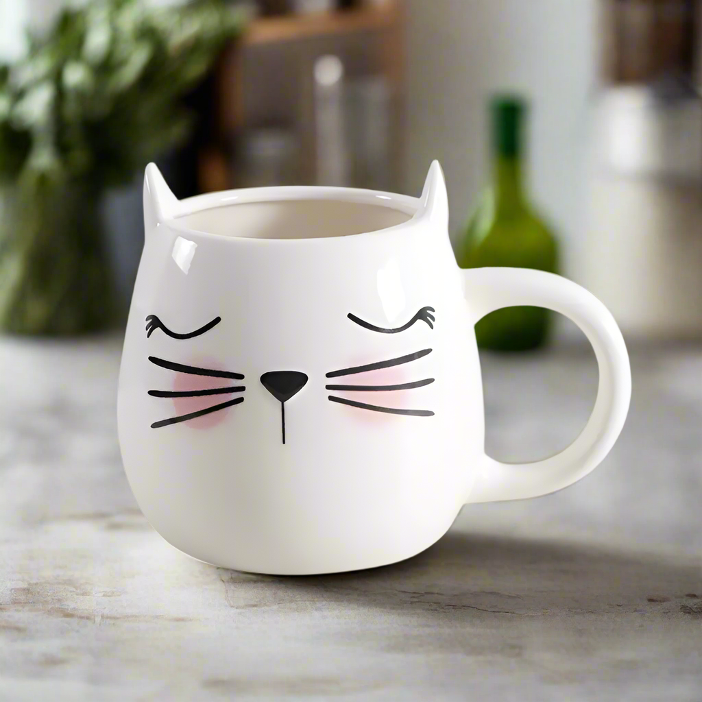 Cat Cartoon Ceramic Mug – Whimsical White Drinkware for Cat Lovers
