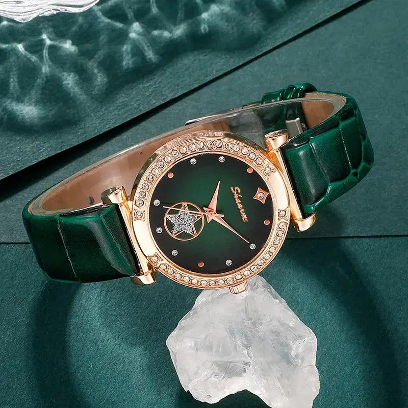 Complete Your Look with the Elegant Jewelry Green Luxury Quartz Watch Set