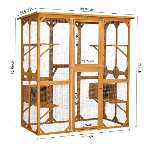 Catio Outdoor Cat Fence with Roof – 72" Tall Yellow Wooden Cat House