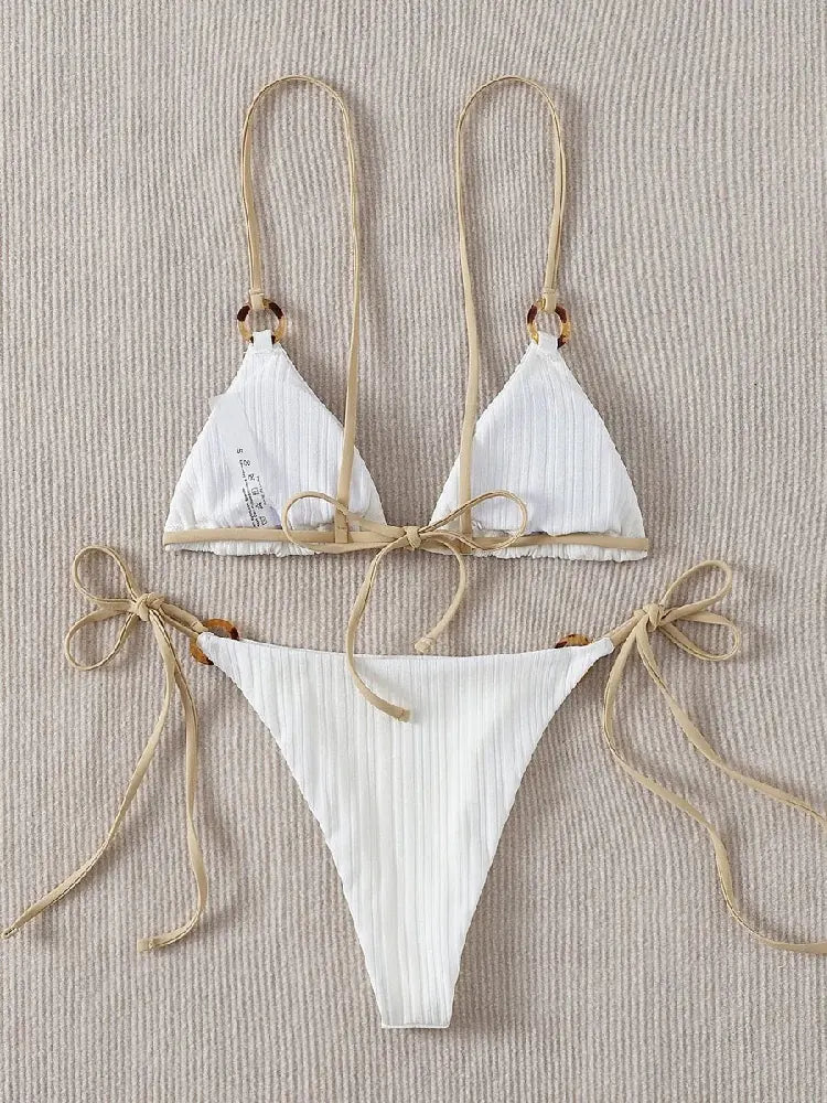 White Triangle Thong Bikini Set with Ring Detail – Flirty Minimalist Swimwear in Classic White