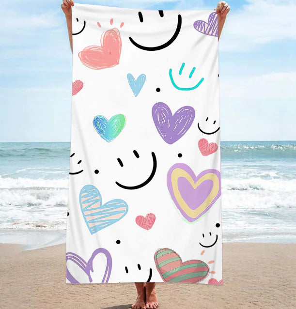 Double-sided Smiling Face Love Ice Cream Printing Beach Towel – Cotton Versatile Towel for Beach, Yoga & Decor