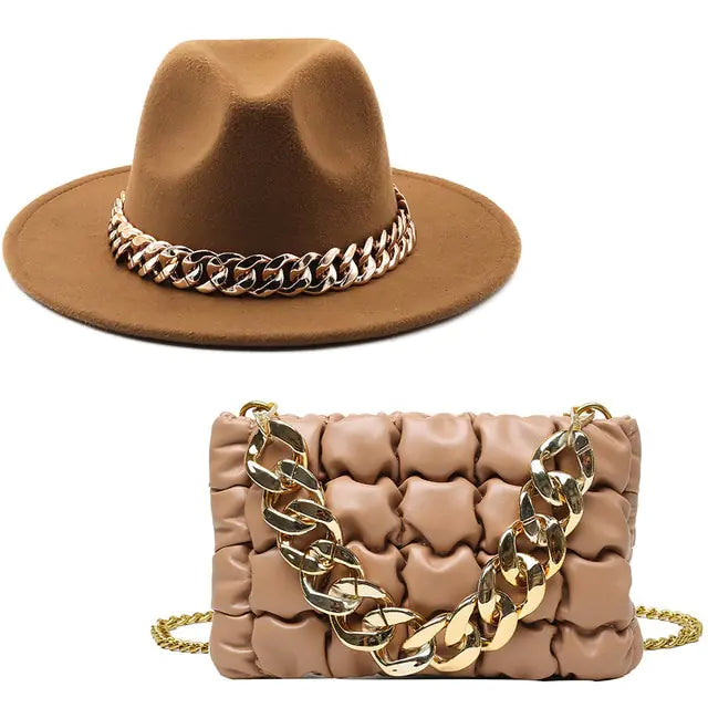 Fedora Hat and Handbag with Gold Chain – A Luxurious Fashion Statement