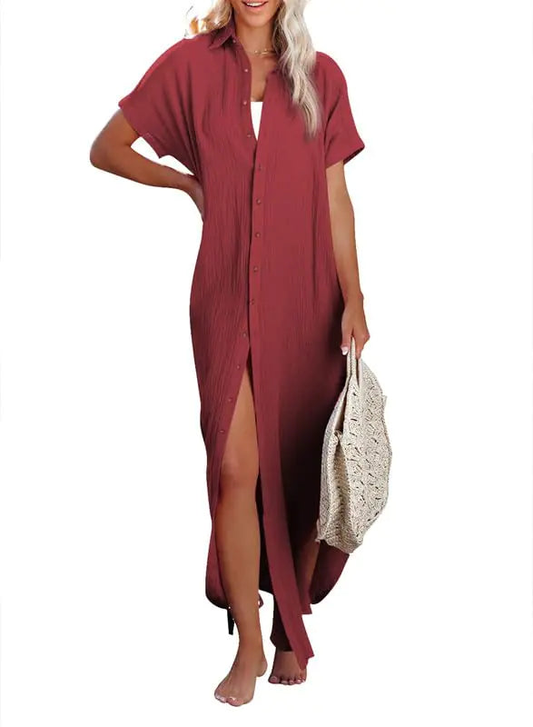 Womens Casual Short Sleeve Side Split Button Down Long Kimonos Cardigans Swimsuit Cover Ups Summer Beach Dress XX-Large 1 White